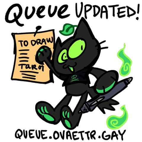 Lime the Black Cat Nekomata with a big drawing tablet pen is pointing at a list with "to draw" and "tarot" on it and names listed