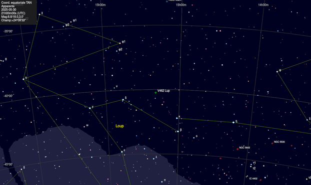 Carte de repérage obtenue avec le logiciel "carte du ciel" montrant la position pour la trouver. Elle se situe dans la constellation du Loup. Elle forme un triangle à peut près isocèle avec les étoiles Delta Loup et Kappa du Centaure. Ne pas confondre avec HD133880, juste en dessous et de magnitude similaire.