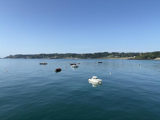 Wide angle photo showing multiple boats in the sea, with a dark blue/green colour to the sea. The sky above is a beautiful blue and white colour, and many buildings can be seen in the distance