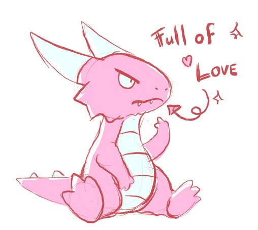A drawing of a pink and blue kobold that is sitting on its butt. It appears to be making a rude gesture but we can’t be for certain with these tiny fingers. There is a text next to the horrible creature, accompanied with an arrow pointing at the kobold, the text reads: full of love