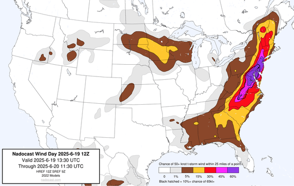 12z Day #Wind Forecast - map of the United States depicting areas of wind risk using various colors