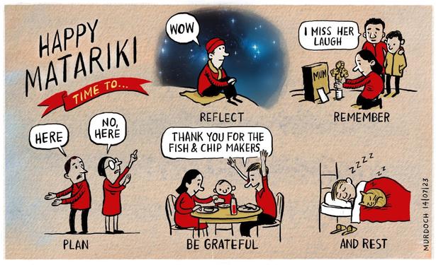 Cartoon by Sharon Murdoch of five Matariki scenes reflecting five things to do. 1: Reflect, 2. Remember, 3. Plan, 4. be grateful, and 5. Rest.