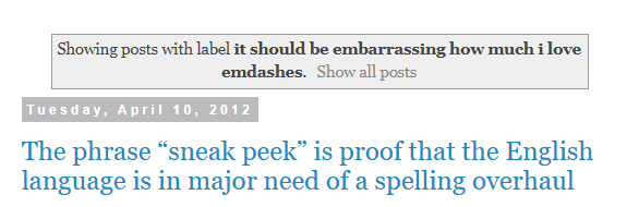 Screenshot of "it should be embarrassing how much i love emdashes" label on Jenny Lam's blog that she created in 2011, Artists on the Lam