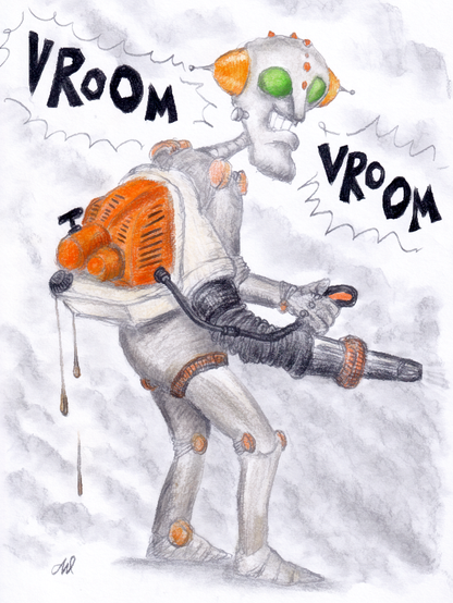 The image depicts a cartoon-style robot with a metallic gray body and orange accents. The robot has a humanoid shape with a head, torso, arms, and legs. Its head features large green eyes and orange ear-like structures. The robot is holding a tool that emits a "vrooom" sound, as indicated by the speech bubbles above it. The tool appears to be a blower or a similar device, with a hose connected to it. The robot's body is adorned with various mechanical details, including joints and bolts, giving it a steampunk aesthetic. The background is a simple gray, suggesting a cloudy or smoky environment. The robot's posture is dynamic, with one leg slightly bent, as if it is in motion. The artist's signature "AW" is visible in the bottom left corner.

Provided by @altbot, generated privately and locally using Ovis2-8B