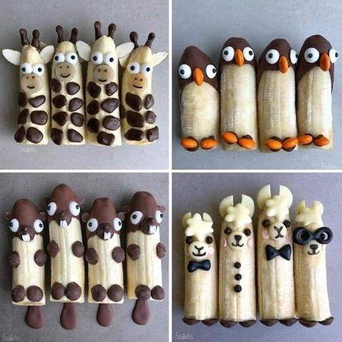 Bananas in different animal shapes. There are banana giraffes, banana penguins, banana beavers and banana lamas.