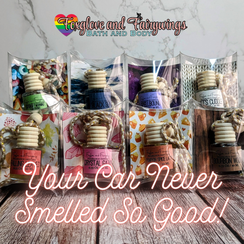 Photo of our car scent diffusers with the words "your car never smelled so good"