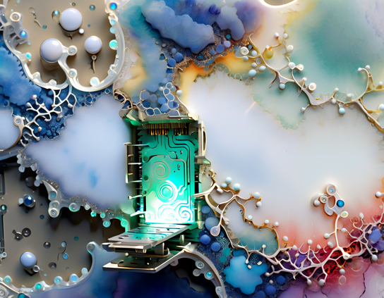 Tiny glowing green door made of a circuit, embedded in a wall painted in soft abstract pastel clouds, embellished with branching wired organic-electronic forms. Macro style.