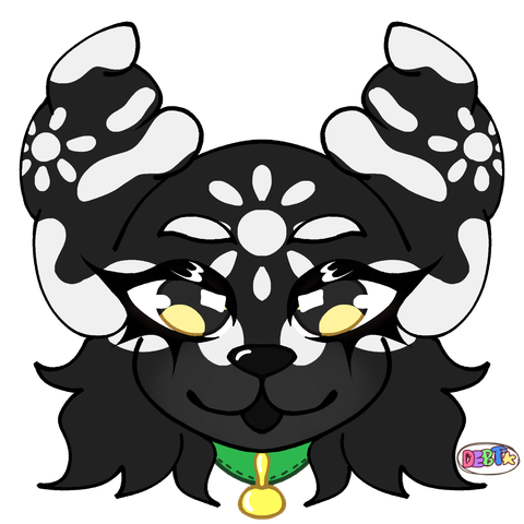 A symmetrical Icon drawing of a canine plush creature. The creature has large upturned ears and a sparkly green collar dangling from around its neck. His fur is black and there are many white stripes around the ears and face, some markings even bursting into flower patterns. The eyes are bright and round with thick lashes in coal and yellow.