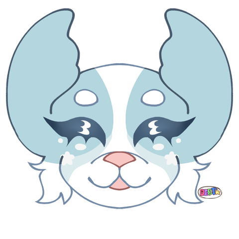 A symmetrical Icon drawing of a canine plush creature. His ears are upturned and his eyes are closed as he is smiling tightly. He is a stunning pastel blue with a white muzzle and strip heading down the center of his face. Under his eyes is a a lighter blue, dazzled with white stars and freckles. His cute pink nose is perched upon his face and his eyelashes are long and blue.