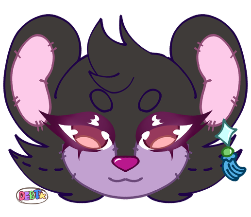 A symmetrical Icon drawing of a canine plush creature, this particular specimen resembling a Luxio from Pokémon. Her ears are big and round, with soft plush padding sewn into the ears. There are many stitch lines across the face and a purple cheek place sewn in snuggly. Her nose is a fierce magenta. Her eyes are soft and round, looking politely at you with pink irises.