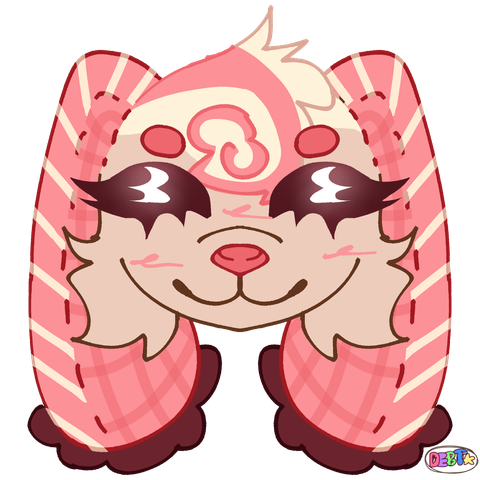 A symmetrical Icon drawing of a canine plush creature with long droopy ear, almost like a rabbit. At the end of the ears is a frilly lace, sewn around the bottom. She is a soft tan color, but the ears themselves are divided into a pink plaid and a pink and yellow stripe. There is a yellow and pink frosting pattern on the crown of her head. Her eyes are shut in a warm smile.