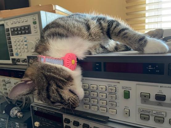 A tabby and white cat lies on top of 1980s electronic test equipment