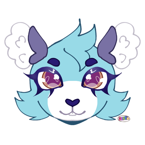 A symmetrical icon of a mouse like plushie creature. She is sky blue. Her ears, a cool purple, have cotton coming out of them, resembling bath bubbles. Her muzzle is white and she has a low nose and mouth with a dorky smile as her teeth portrude. Her eyes are relaxes and give a strong, confident look with their blazing oragne and purple.