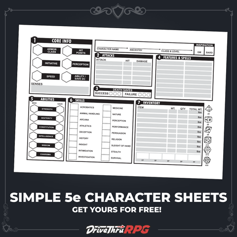 An image showing the condensed 5e character sheet from Icarus Games with text beneath which reads "Simple 5e Character Sheet: Get Yours For Free!".