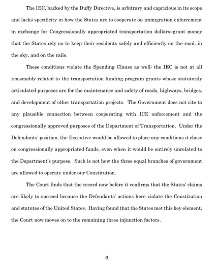 A page of legal text discussing the implications of the IEC backed by the Duffy Directive, focusing on its arbitrary nature, violation of the Spending Clause, and the constitutional operation of government branches. The text mentions concerns about immigration enforcement conditions tied to transportation funding…