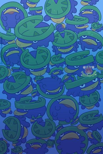 a whole bunch of Lotads in different poses 

the background is blue