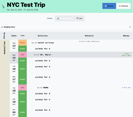 Spreadsheet-like view of the trip, with a row for when Keith arrives and the airbnb details spread out over the nights