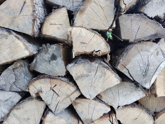 Split firewood lays stacked on top of each other, ready to use. The ends of the wood resemble slices of pie where the were quartered from larger pieces of tree. The wood fills the frame. Shot using a Light Phone III.