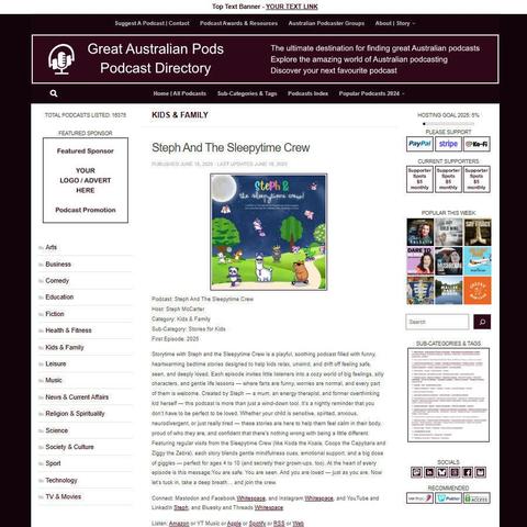 Steph And The Sleepytime Crew
Screenshot of the podcast listing on the Great Australian Pods website
