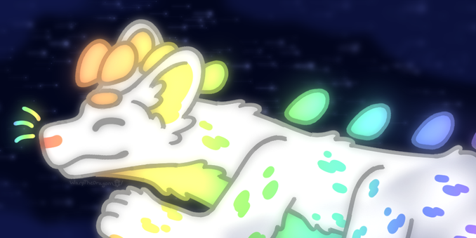a drawing of a white and rainbow colored being of light that has taken the shape of a dragon. they are zooming across the universe at high speed.