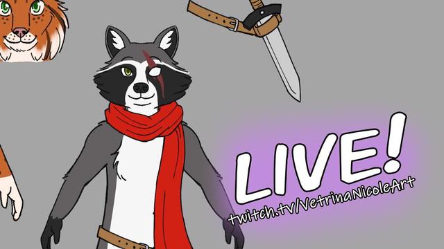 Stream announcement featuring a WIP of a character reference sheet by me. The drawing is of an a grey, white, and black raccoon wearing a red scarf and a brown belt. The text says "LIVE! twitch.tv/VetrinaNicoleArt"
