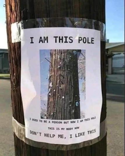 A photograph of a pole, taped to a pole. The text reads: "I am this pole. I sued to be a person but now I am a pole. This is my body, now. Don't help me. I like this."