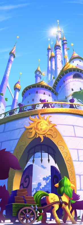 A very tall image featuring a low angle. A colourful small equine with a cart is outside of a fantasy city and is looking upwards at the highest spires of the castle from outside the gates.