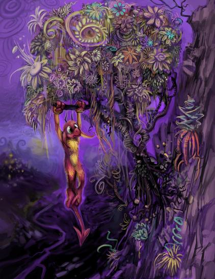 foolish red and yellow imp hanging on to the branch of a tree extending from a the side of a cliff, a tree that appears nearly ready to fall over and plummet a considerable distance to the ground