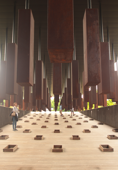 rows and rows and rows of plinths are suspended from the ceiling of a vast space