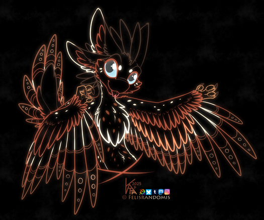 An avali, shown from the waist up. The image is just lines, but the lines are colored with browns, reds, and whites, with a subtle glow effect. His eyes are bright blue, with dark blue centers.