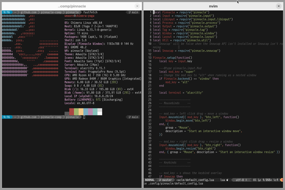 Screenshot of Pinnacle with two alacritty windows open. The left one is showing the output from fastfetch and the right one is editing a Pinnacle Lua configuration in Neovim.