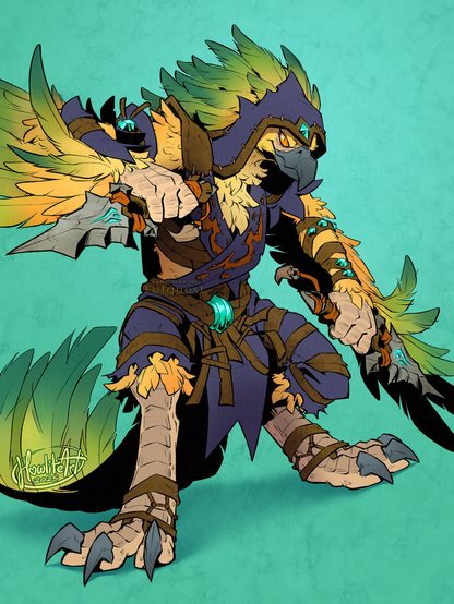 Digital art of a yellow-green-feathered anthro bird (Warcraft arakkoa) dressed in leather straps and purple fabric with a hood over her head. She is crouched with a stone-like dagger held out in each hand, scowling at the viewer.