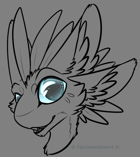 A lineart of an avali. It is a headshot, capturing the avali from the neck up, with the head facing to the left. The eyes are colored in and the are bright blue, with dark blue centers, and a sparkle effect.