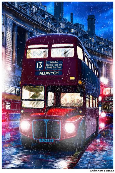 Digital art depicting a red double-decker bus in the rain. Reflecting in the wet street with buildings in the background that form a gentle curve indicating the shape of the road.