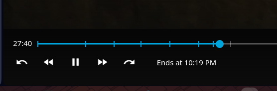 Screenshot of the video player controls for Jellyfin. I'm currently watching The Fellowship of the Ring, and at the bottom I see, "Ends at 10:19 PM", to the right of the play, pause controls.