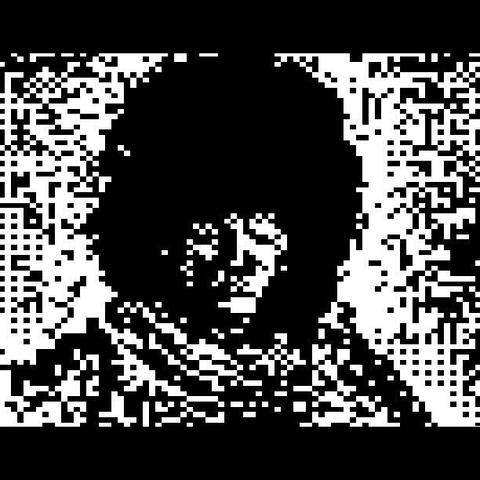 A dithered monochrome portrait of a man whose face pokes out of a great halo of magnificent hair, swaddled in loose, flowing garments and exploring his demons.