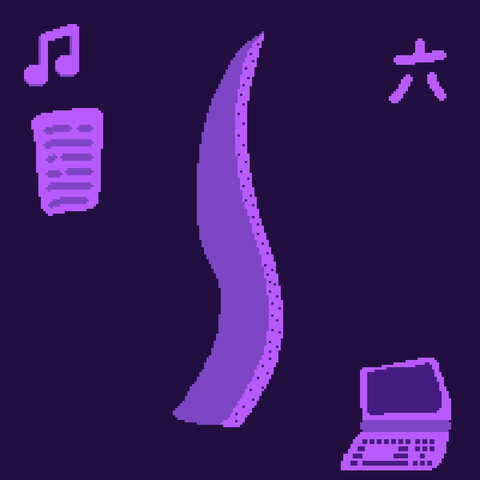 a pixel art drawing by octo that she uses as her profile picture. here's her description of the image:
"a four colored drawing using different hues of purple.

there is a tentacle at the center of the picture and it is surrounded by other things:
- a musical note
- a piece of paper with text written
- a laptop computer
- the number 6, written in japanese"