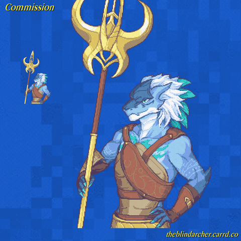 A 16 bit pixel art half-body portrait of a dragon-man character with blue and white scales, a white mane with teal plumes, and a muscular figure.  There are tattoos on his arms, chest , and cheeks.  He wears leather armor on his forearms and chest, and a metal plate under his leather chest armor.  He's holding a golden trident in his hand.