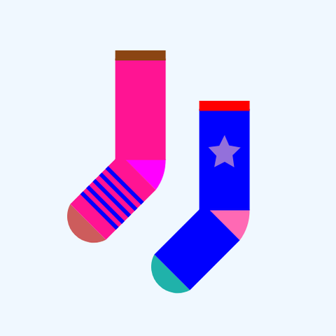 Two socks: One is a DeepPink sock with a Magenta heel, an IndianRed toe, and a SaddleBrown cuff, with  five Blue stripes on the foot, and the other is a Blue sock with a HotPink heel, a LightSeaGreen toe, and a Red cuff, with a MediumPurple star on the leg, all on an AliceBlue background.