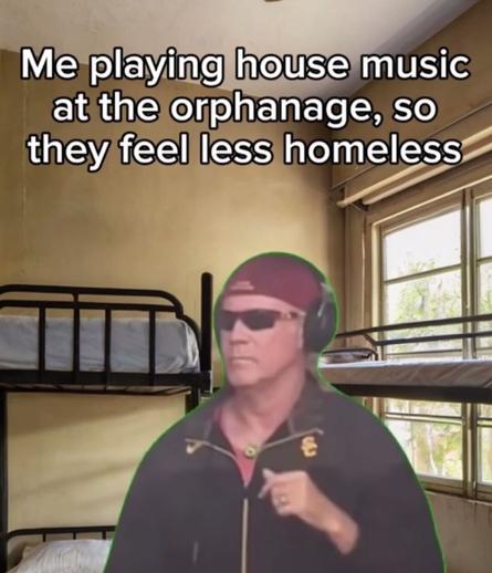 A guy in shades and headphones dances in front of bunk beds inside a sparse orphanage dorm. The text reads: “Me playing house music at the orphanage, so they feel less homeless.”