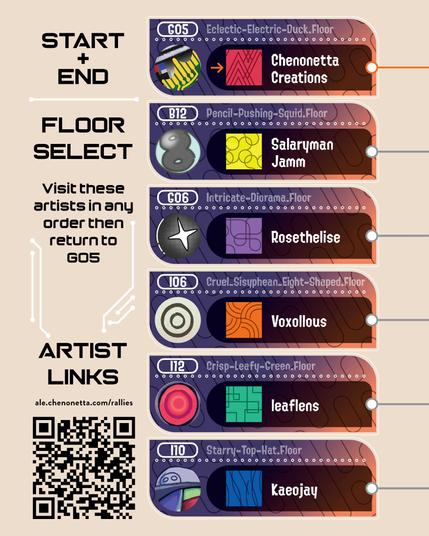 A list of all tabling artists in the stamp rally.

It shows table G05 as the starting table. Each artist is framed in a box that resembles the level selection UI in Side Order