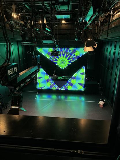 Sicht von der Regie auf die Lounge Stage mit Test visuals.