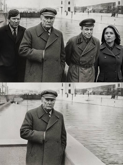 a recreation of the famous split photoshopped image of Stalin with Beria to his side on top and deleted from the photo on bottom, but this time with Trump, Tucker Carlson, Tulsi Gabbard, and Elon Musk shown on top and trump shown alone on bottom