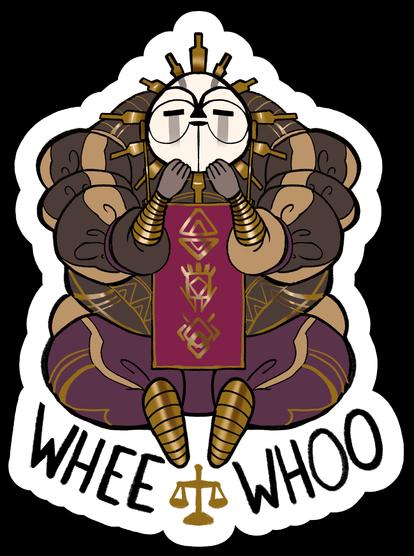 a character with the text whee whoo on the bottom, digital art