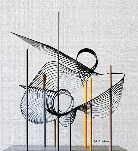 Sculptural artwork composed of thin metal lines forming abstract wave-like curves and intersecting vertical rods in black, gold, and brown tones against a white background, by artist Rafael Salazar at RafaelSalazar.com