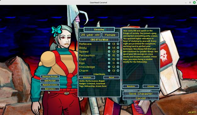 A screenshot from GearHead Caramel showing the character display screen. The text widget containing the character's name is working.