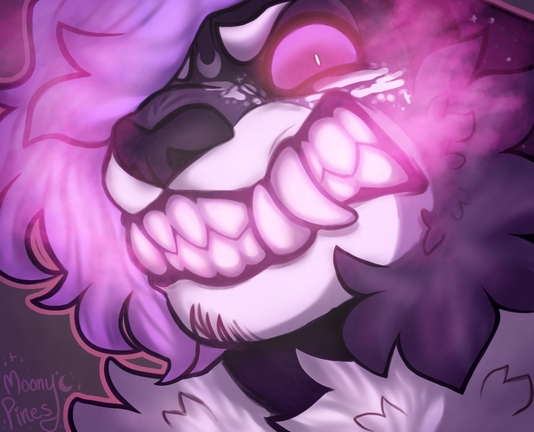 One of my fursona’s, a fluffy serval cat named Inoka, baring her fangs and looking at the camera with malice/fury. Pink smoke is fuming out between her teeth like a rabid animal.
