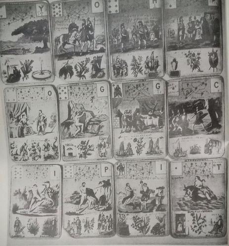 Tarot francés antiguo con ilustraciones de cartas que representan diferentes escenas mitológicas y simbólicas.
