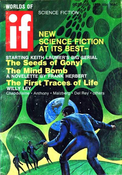 In a curved-walled cylindrical structure with multiple large circular holds, a man with his back to us crouches, pointing a pistol at four similar figures facing him apprehensively. The earth can be seen in the black sky above.
Worlds of IF magazine cover from 1969.