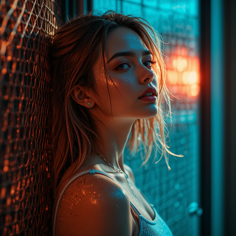 Retrato de una mujer con cabello largo y brillante, iluminada por luces cálidas y frías, con destellos en su piel, en un entorno urbano.